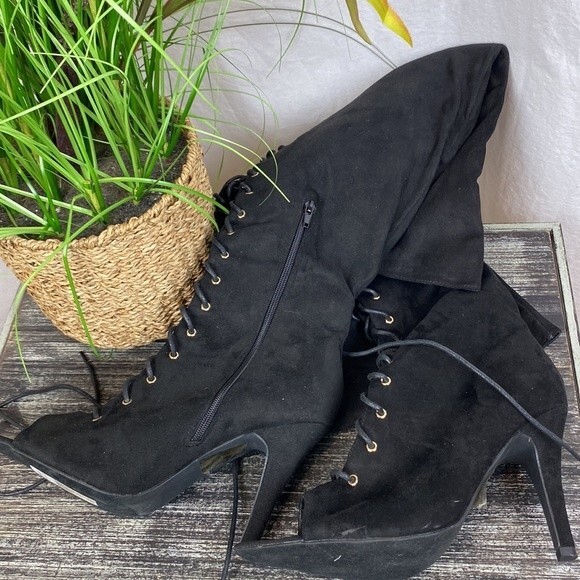 FTF Nadia Black Faux Suede Lace Up Thigh High Open Point Peep Toe Heel Boots 11 - Picture 6 of 11